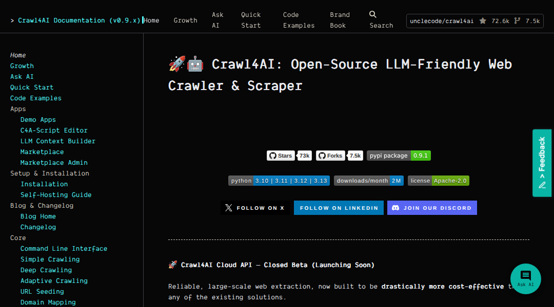 The Crawl4AI documentation site rendered in a browser during the test